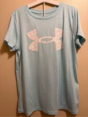 Under Armour Light Aqua Crew Neck Tee with White Logo NWOT LG